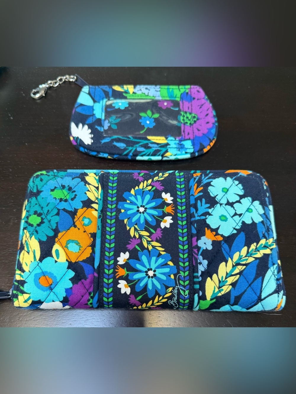 Vera Bradley Navy Floral Quilted Zip Wallet & ID Coin Pouch